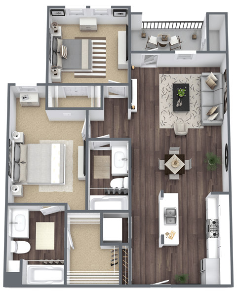 Floor plan for 2 beds, 2 baths